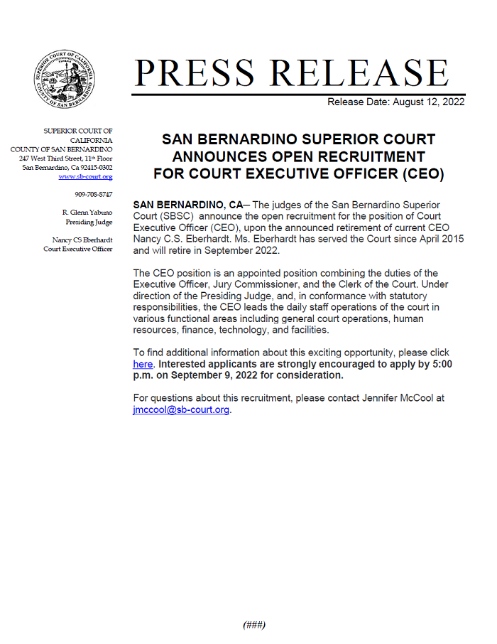 San Bernardino Superior Court Announces Open Recruitment for CEO